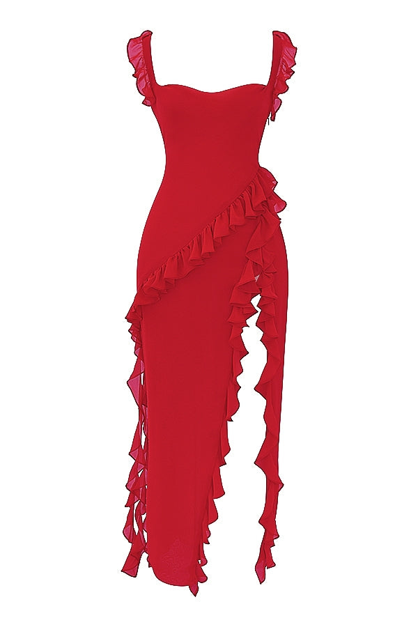 Dalia |Vestido Largo Sin Mangas Con Abertura y Ribete de Volantes