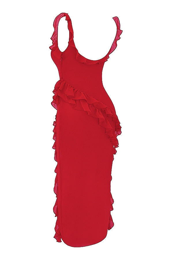 Dalia |Vestido Largo Sin Mangas Con Abertura y Ribete de Volantes
