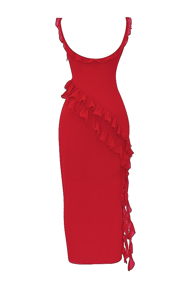 Dalia |Vestido Largo Sin Mangas Con Abertura y Ribete de Volantes