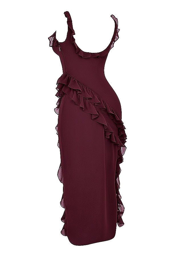 Dalia |Vestido Largo Sin Mangas Con Abertura y Ribete de Volantes