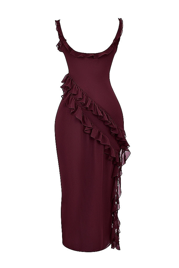 Dalia |Vestido Largo Sin Mangas Con Abertura y Ribete de Volantes