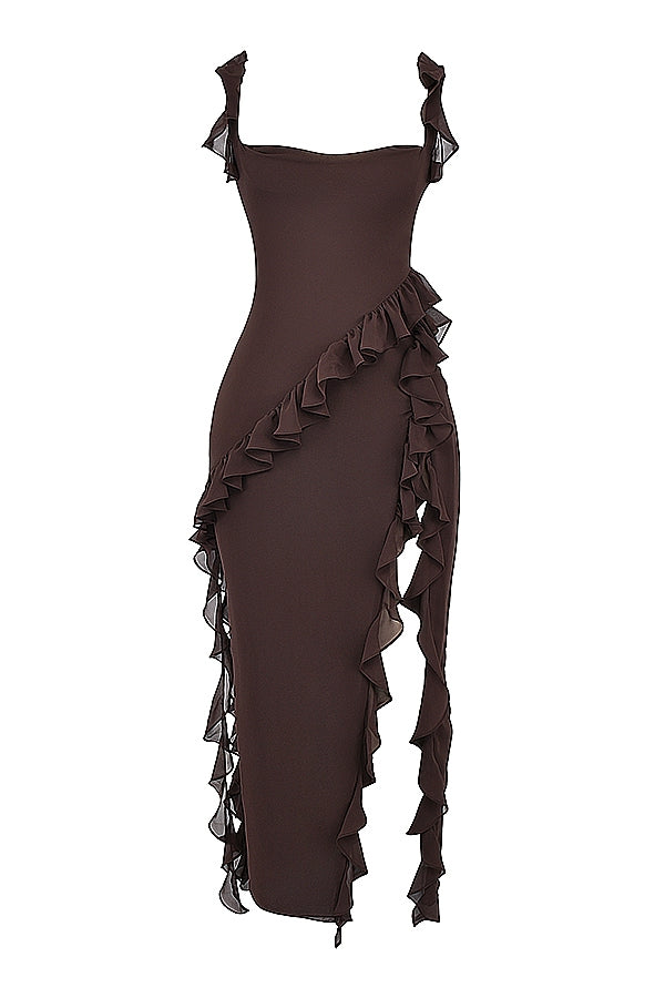 Dalia |Vestido Largo Sin Mangas Con Abertura y Ribete de Volantes