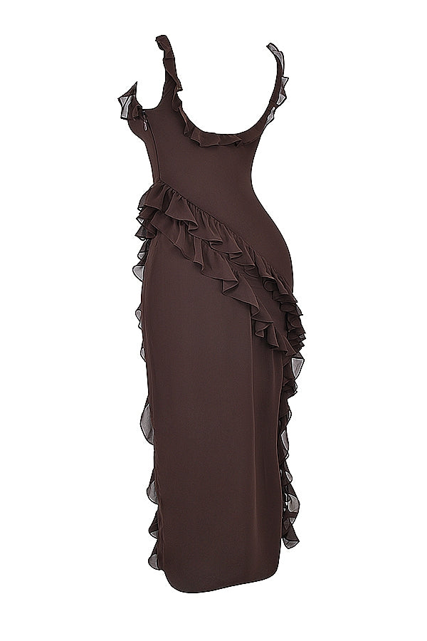 Dalia |Vestido Largo Sin Mangas Con Abertura y Ribete de Volantes