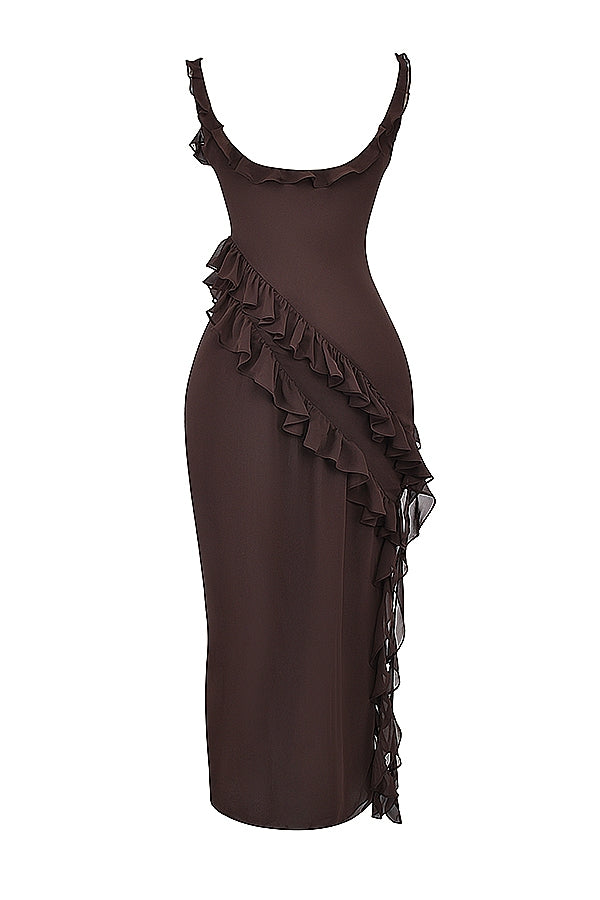 Dalia |Vestido Largo Sin Mangas Con Abertura y Ribete de Volantes