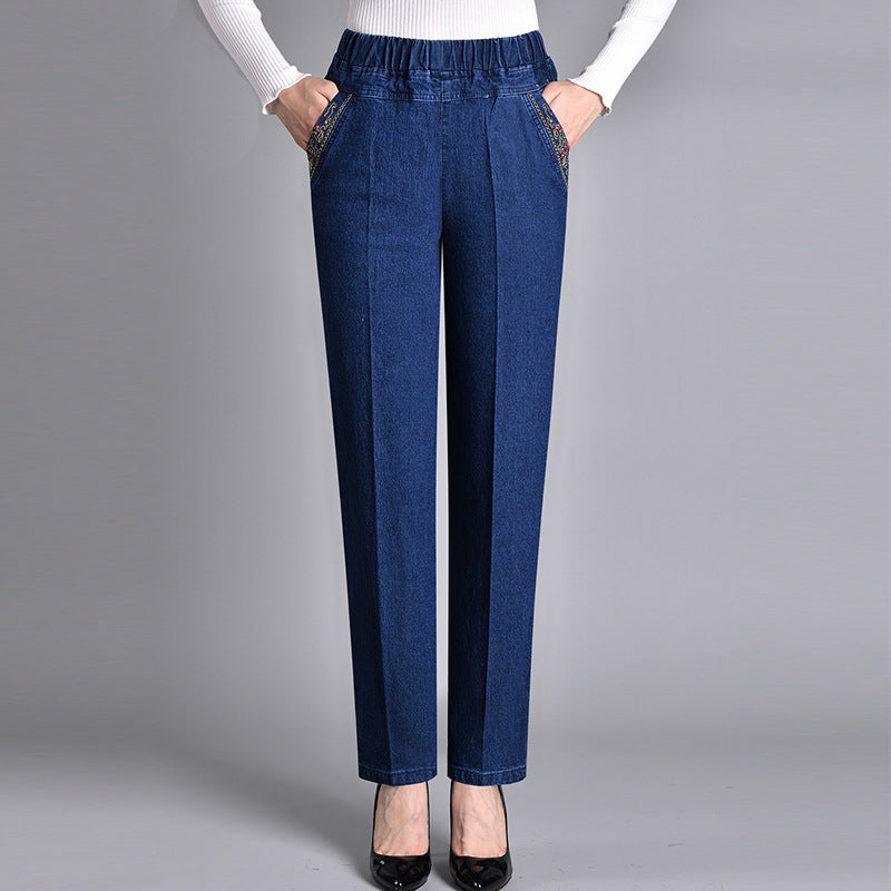 Loretie - Pantalones Rectos Cintura Elástica Con Bolsillos