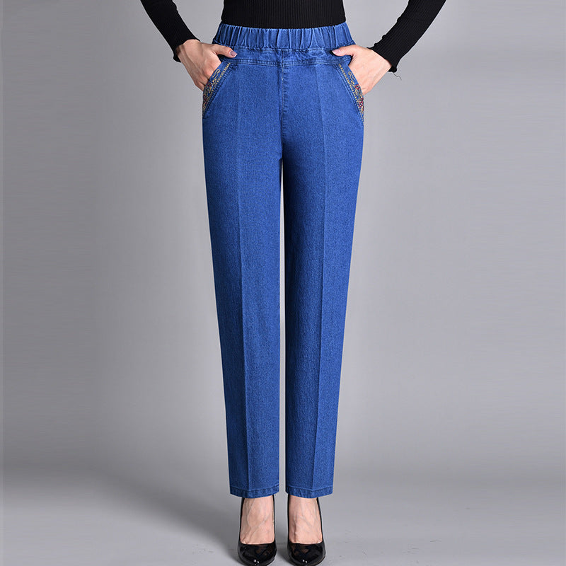 Loretie - Pantalones Rectos Cintura Elástica Con Bolsillos