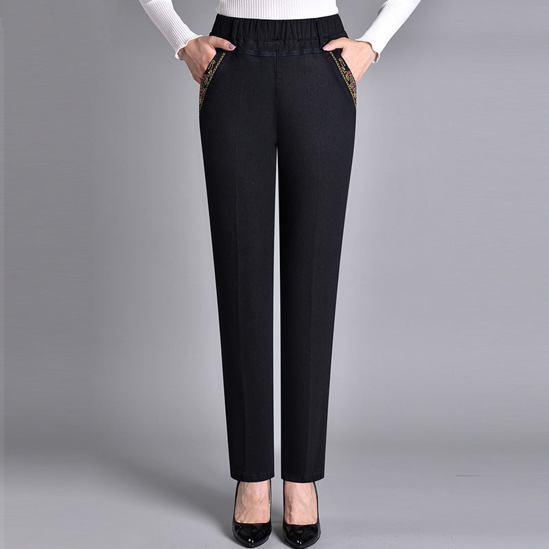 Loretie - Pantalones Rectos Cintura Elástica Con Bolsillos