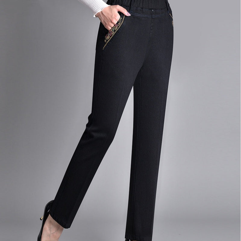 Loretie - Pantalones Rectos Cintura Elástica Con Bolsillos