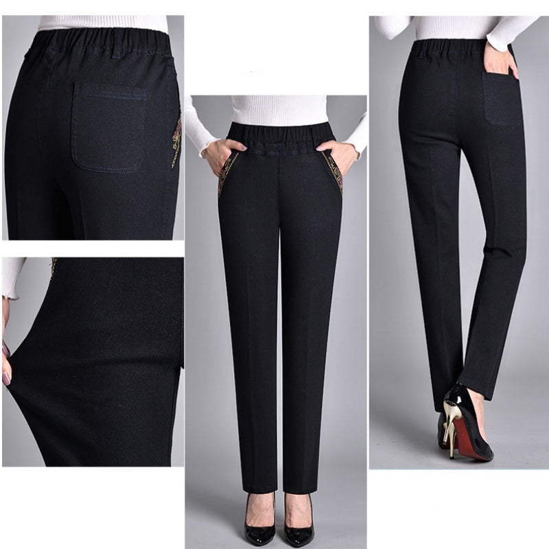 Loretie - Pantalones Rectos Cintura Elástica Con Bolsillos