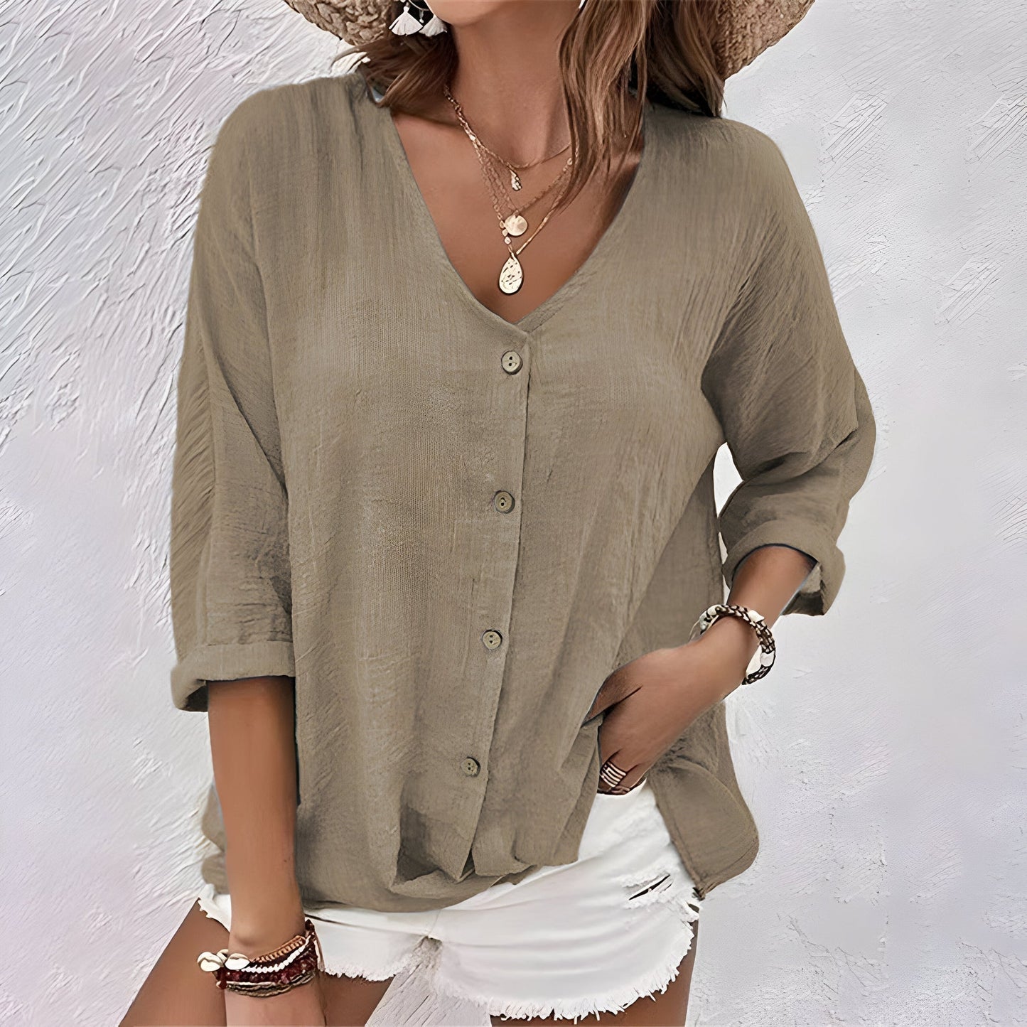 Asimoula - Blusa Con Cuello en V y Botones en la Parte Delantera
