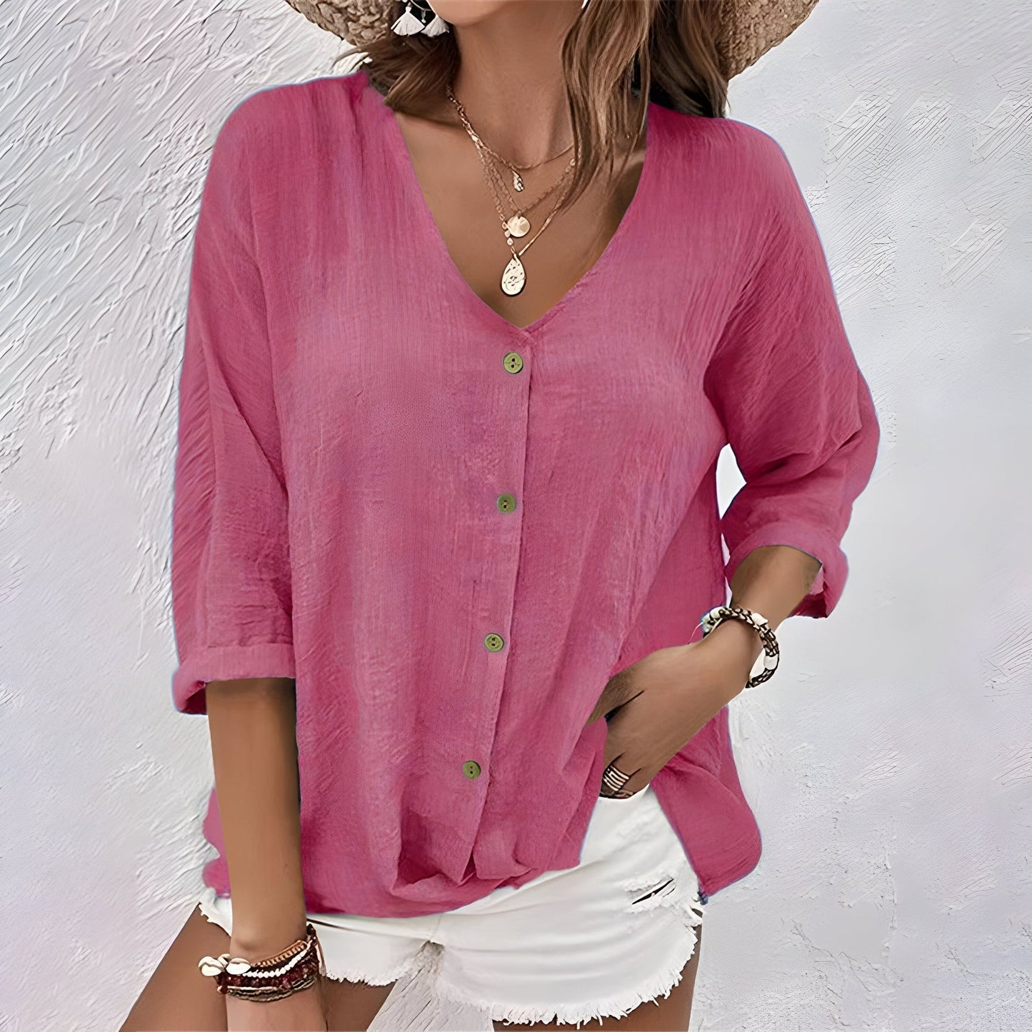 Asimoula - Blusa Con Cuello en V y Botones en la Parte Delantera