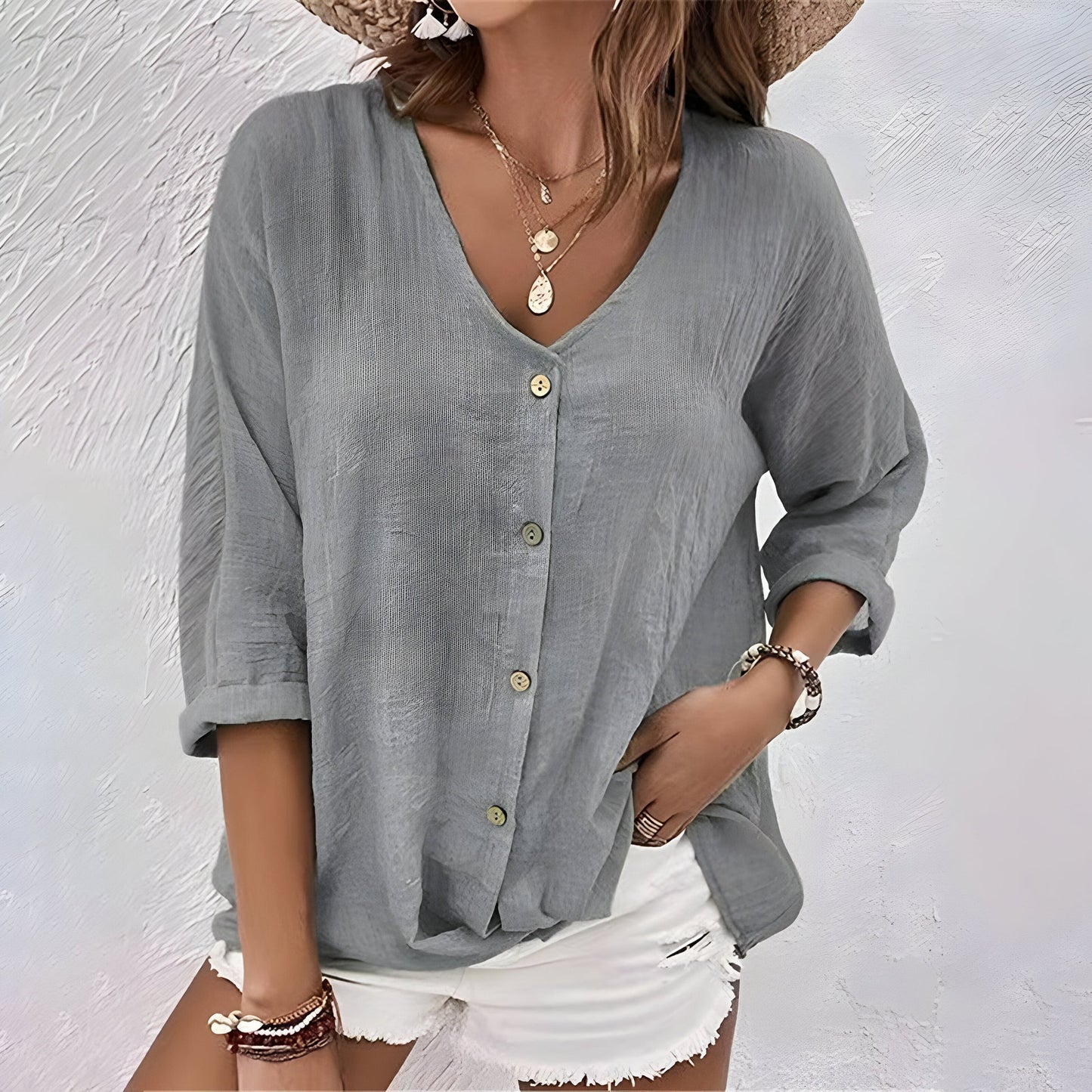 Asimoula - Blusa Con Cuello en V y Botones en la Parte Delantera