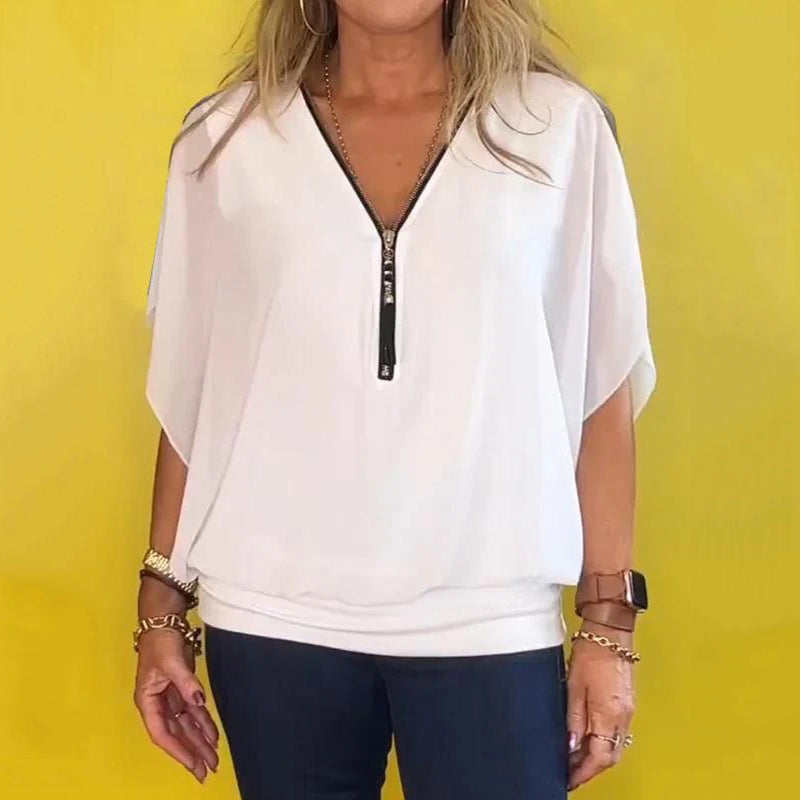 Shauna | Blusa Con Cuello en V Con Cremallera y Mangas Cortas