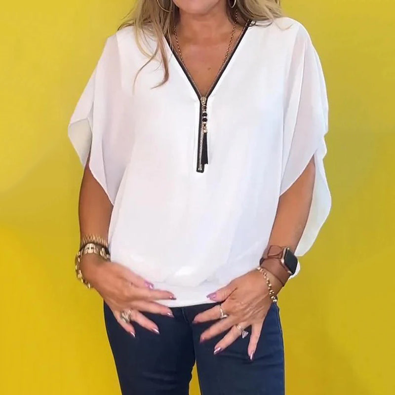 Shauna | Blusa Con Cuello en V Con Cremallera y Mangas Cortas