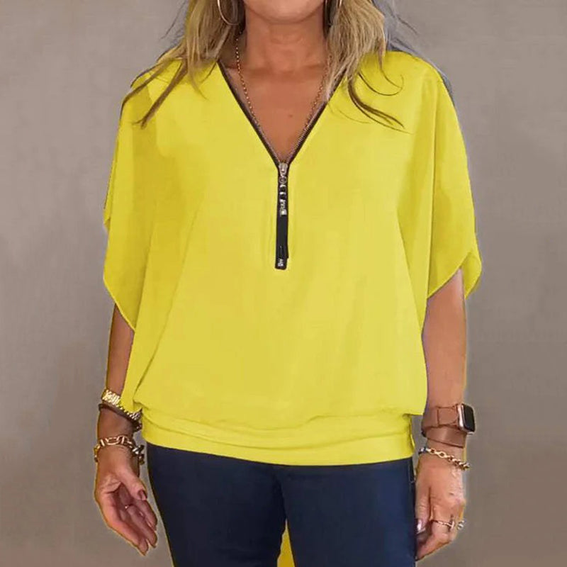 Shauna | Blusa Con Cuello en V Con Cremallera y Mangas Cortas