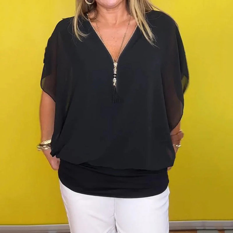 Shauna | Blusa Con Cuello en V Con Cremallera y Mangas Cortas