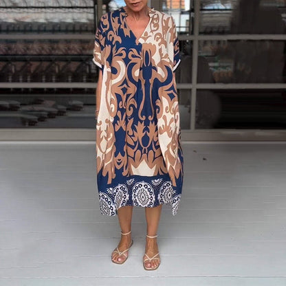 Rilana | Vestido Midi Holgado Estampado Cuello V