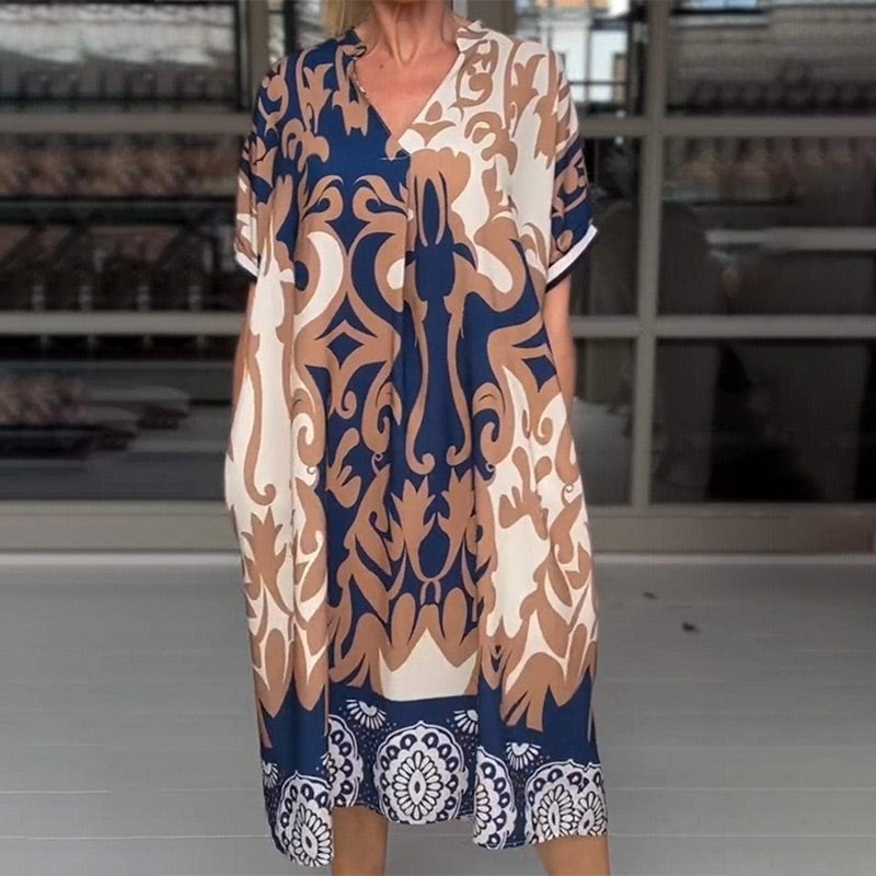 Rilana | Vestido Midi Holgado Estampado Cuello V