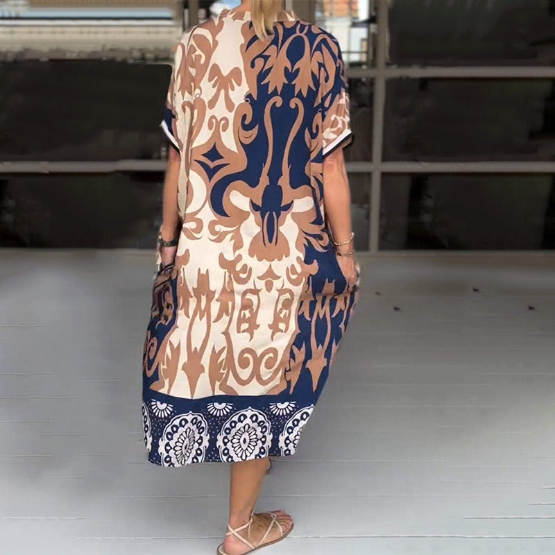 Rilana | Vestido Midi Holgado Estampado Cuello V