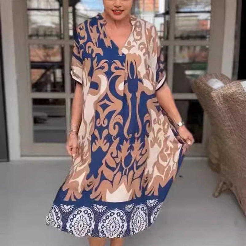 Rilana | Vestido Midi Holgado Estampado Cuello V
