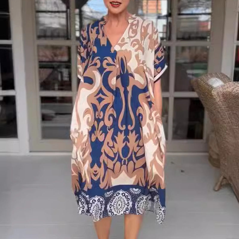 Rilana | Vestido Midi Holgado Estampado Cuello V
