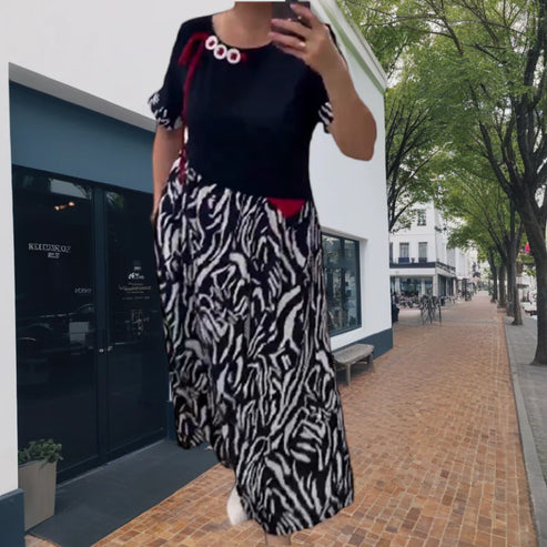Zahara - Vestido Midi de Manga Corta Con Estampado de Cebra en Patchwork