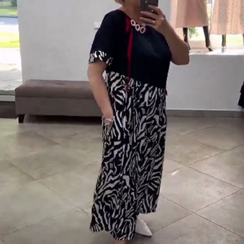 Zahara - Vestido Midi de Manga Corta Con Estampado de Cebra en Patchwork
