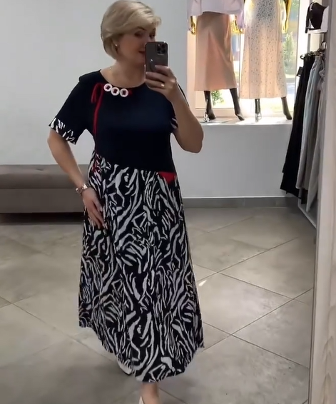 Zahara - Vestido Midi de Manga Corta Con Estampado de Cebra en Patchwork