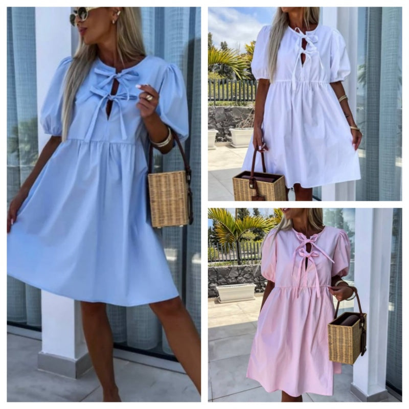 Oana | Vestido Corto Con Lazos Y Mangas Abullonadas