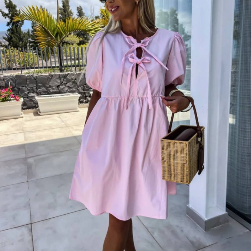 Oana | Vestido Corto Con Lazos Y Mangas Abullonadas