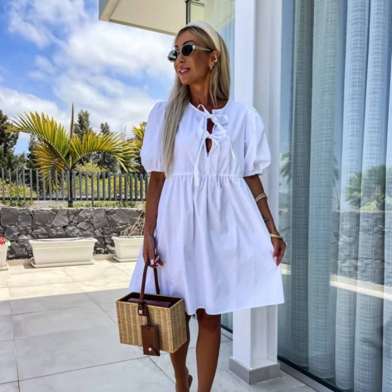 Oana | Vestido Corto Con Lazos Y Mangas Abullonadas