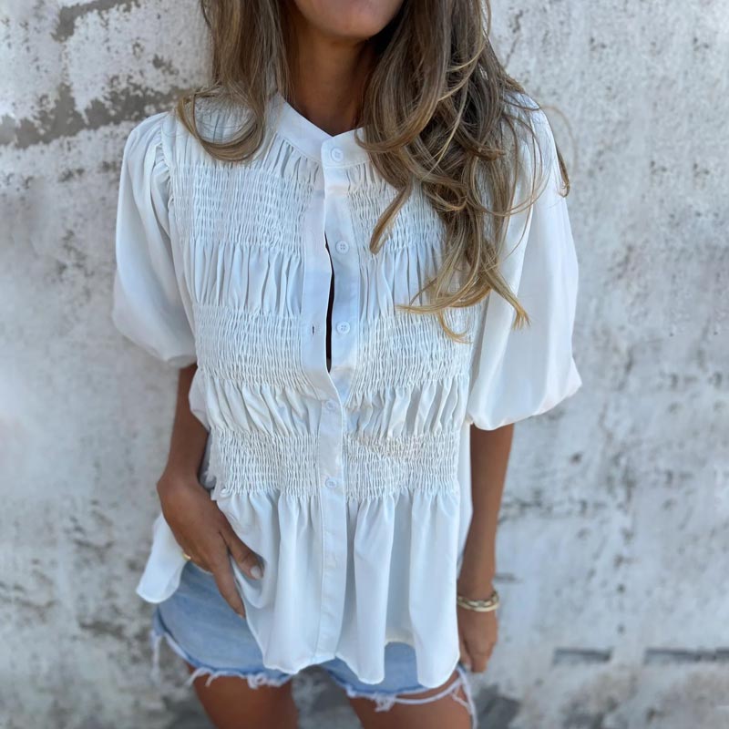Megan | Blusa Con Mangas Abullonadas Frente Abotonado y Detalle Fruncido