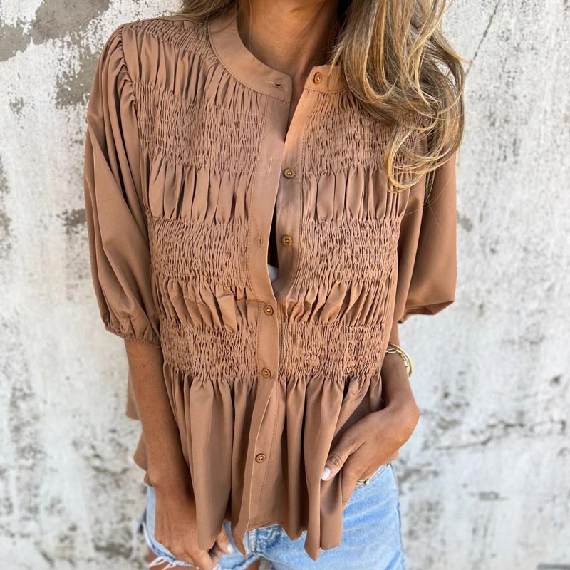 Megan | Blusa Con Mangas Abullonadas Frente Abotonado y Detalle Fruncido