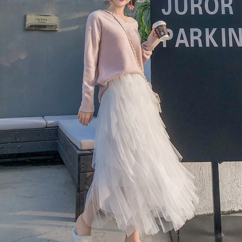 Nadeene | Falda MIDI De Cintura Alta Con Malla en Capas