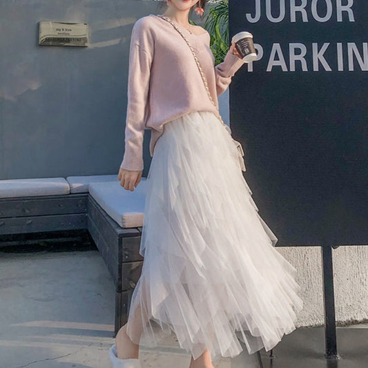 Nadeene | Falda MIDI De Cintura Alta Con Malla en Capas