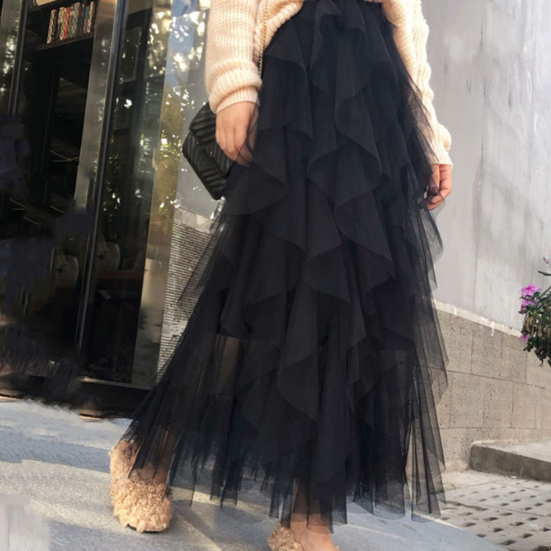 Nadeene | Falda MIDI De Cintura Alta Con Malla en Capas