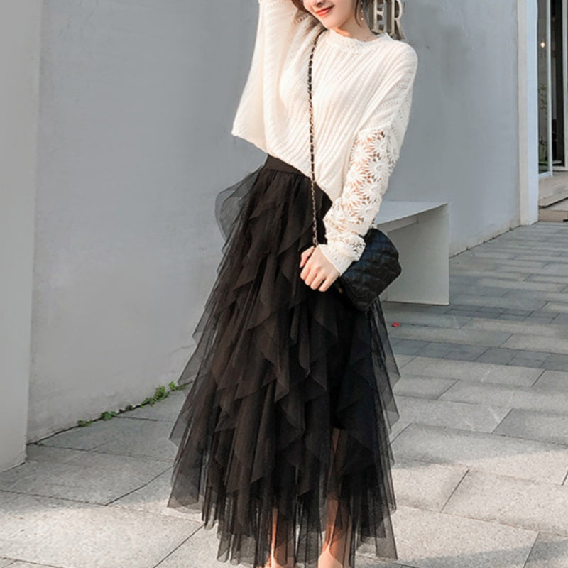 Nadeene | Falda MIDI De Cintura Alta Con Malla en Capas