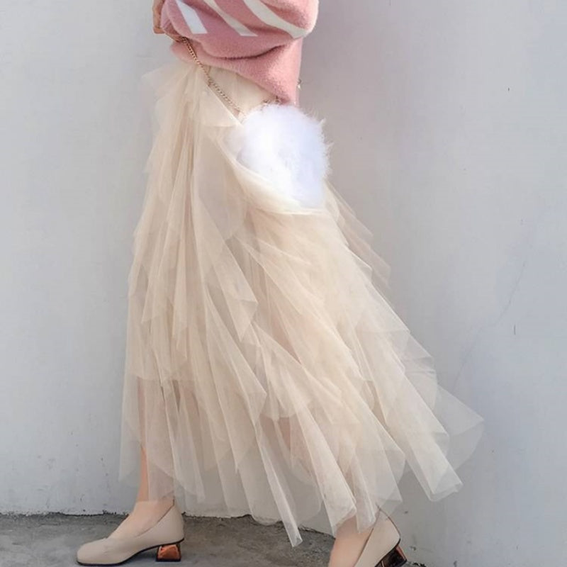 Nadeene | Falda MIDI De Cintura Alta Con Malla en Capas