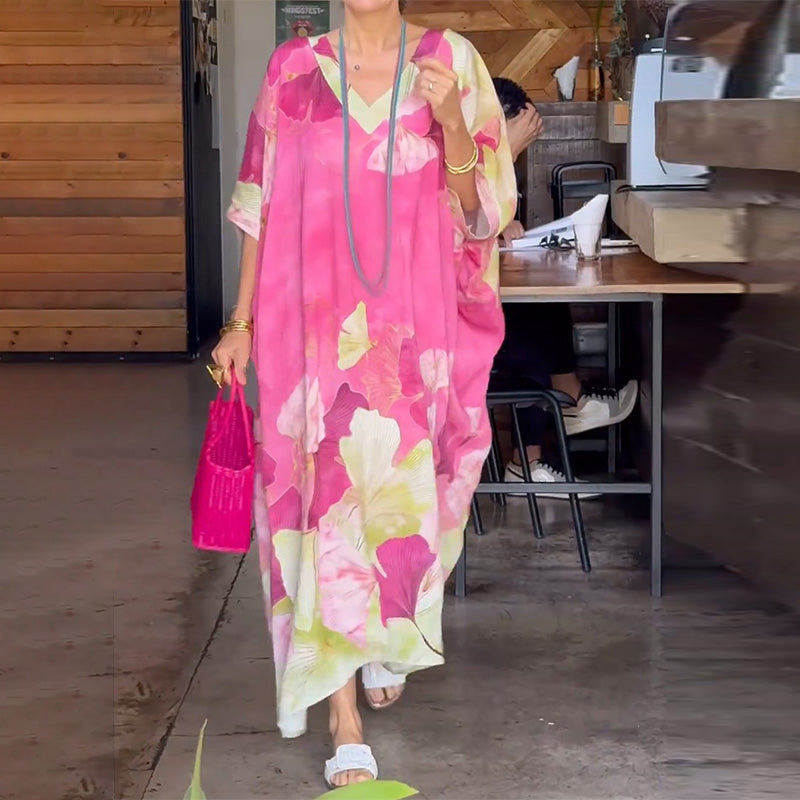 Gima - Vestido Caftán Largo Con Cuello en V y Estampado Floral