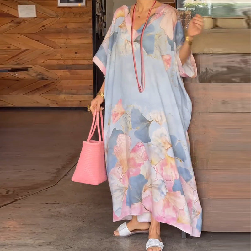 Gima - Vestido Caftán Largo Con Cuello en V y Estampado Floral