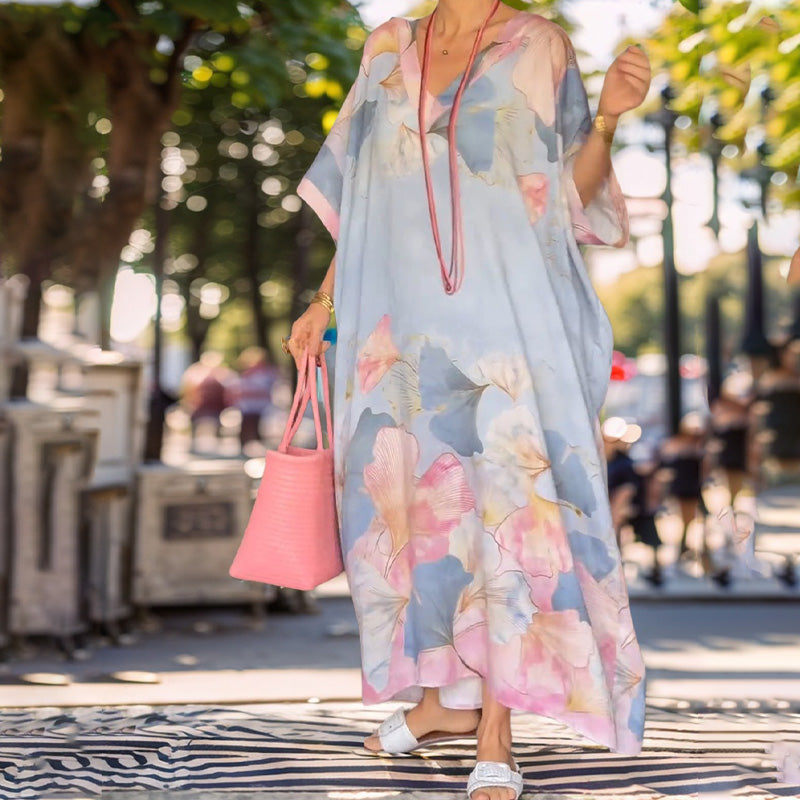 Gima - Vestido Caftán Largo Con Cuello en V y Estampado Floral