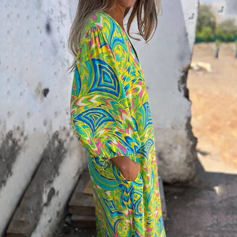 Lowri - Vestido Largo Con Cuello en V  Estampado Abstracto Bolsillos y Corte Holgado