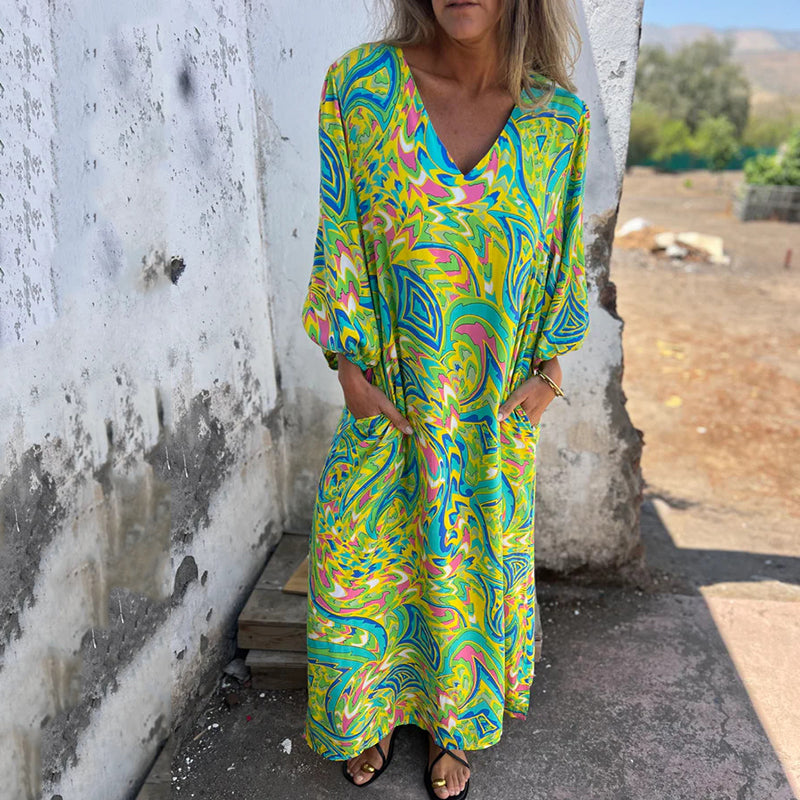 Lowri - Vestido Largo Con Cuello en V  Estampado Abstracto Bolsillos y Corte Holgado