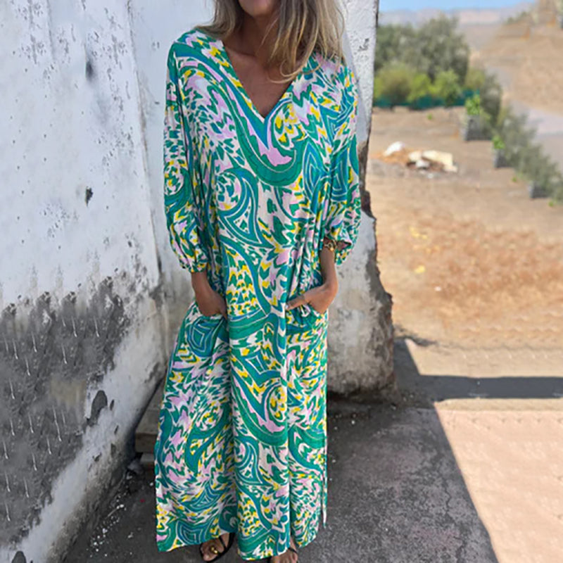 Lowri - Vestido Largo Con Cuello en V  Estampado Abstracto Bolsillos y Corte Holgado