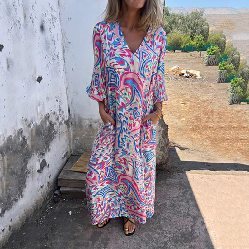 Lowri - Vestido Largo Con Cuello en V  Estampado Abstracto Bolsillos y Corte Holgado