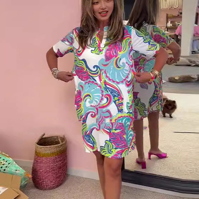 Heloise | Vestido Recto De Manga Corta Con Cuello en V Y Estampado Colorido, Con Bolsillos
