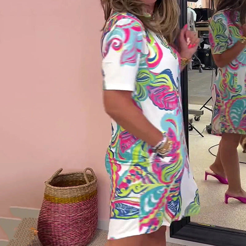 Heloise | Vestido Recto De Manga Corta Con Cuello en V Y Estampado Colorido, Con Bolsillos
