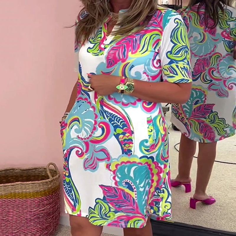 Heloise | Vestido Recto De Manga Corta Con Cuello en V Y Estampado Colorido, Con Bolsillos