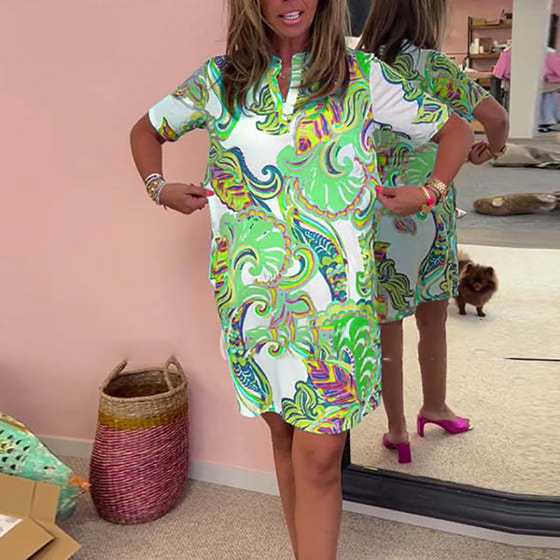 Heloise | Vestido Recto De Manga Corta Con Cuello en V Y Estampado Colorido, Con Bolsillos
