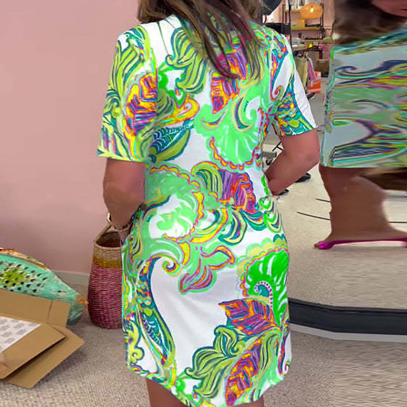 Heloise | Vestido Recto De Manga Corta Con Cuello en V Y Estampado Colorido, Con Bolsillos